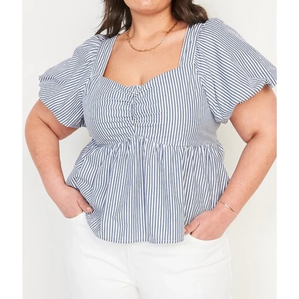 Old Navy Shirt Womens 3XL Blue NEW Smocked Babydoll‎ Beach Coastal Nautical